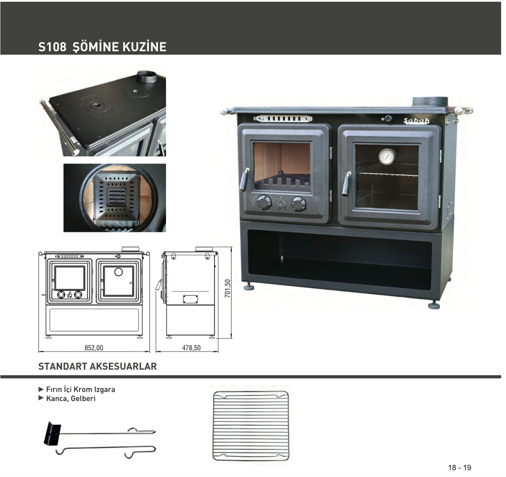 S108 Sabah Luxe Open Haard Kachel + Oven Met Thermometer – Gietijzer – Houtkachels- Houthaarden -Mat Zwart – 10 KW- Buiten Stalen Open Haard – Inclusief Ovengrill, Haak en Schraper