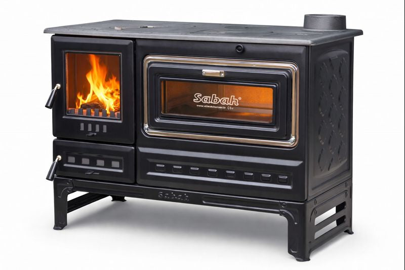 S12UC Sabah Open Haard Met Oven (Op Voet) – Houtkachels met Vuurvaste Steen– Gietijzer Haardkachel- Mat Zwart – 7,99 KW – Inclusief Haak en Schraper