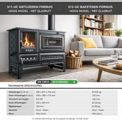 S12UC Sabah Open Haard Met Oven (Op Voet) – Houtkachels met Vuurvaste Steen– Gietijzer Haardkachel- Mat Zwart – 7,99 KW – Inclusief Haak en Schraper