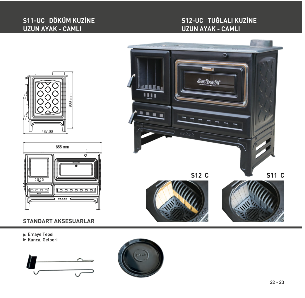 S12UC Sabah Open Haard Met Oven (Op Voet) – Houtkachels met Vuurvaste Steen– Gietijzer Haardkachel- Mat Zwart – 7,99 KW – Inclusief Haak en Schraper