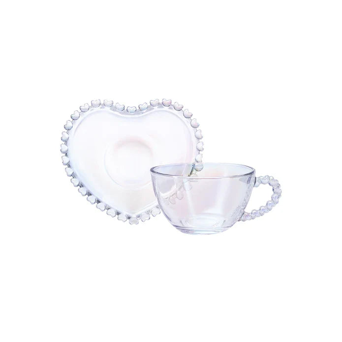 Karaca Rory - Theekop met Hartvormige Onderzetter - 200 ml – Transparant Glas - Set van 6