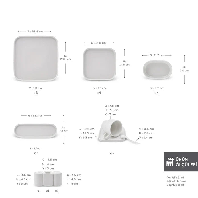 Karaca Stream Bone Cubique - 35-delige Ontbijtset - 6 Persoons - Porselein