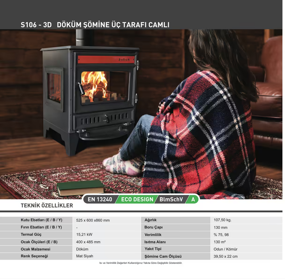 S106/3D - Sabah Open Haard Kachel- Drie-Raams Haard - Gietijzer – Houtkachels- Houthaarden - Matzwart– 15,21 KW- Buiten Stalen Open Haard – Inclusief Haak en Schraper