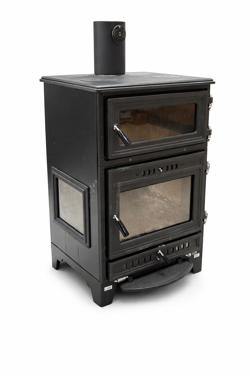 S107/3D Sabah Open Haard Met Oven – Drie-Raams Haard - Houtkachels – Gietijzer Haardkachel- Mat Zwart – 15,87 KW – Inclusief, Bakplaat, Ovengrill, Haak ,Schraper en Kachelpijpen