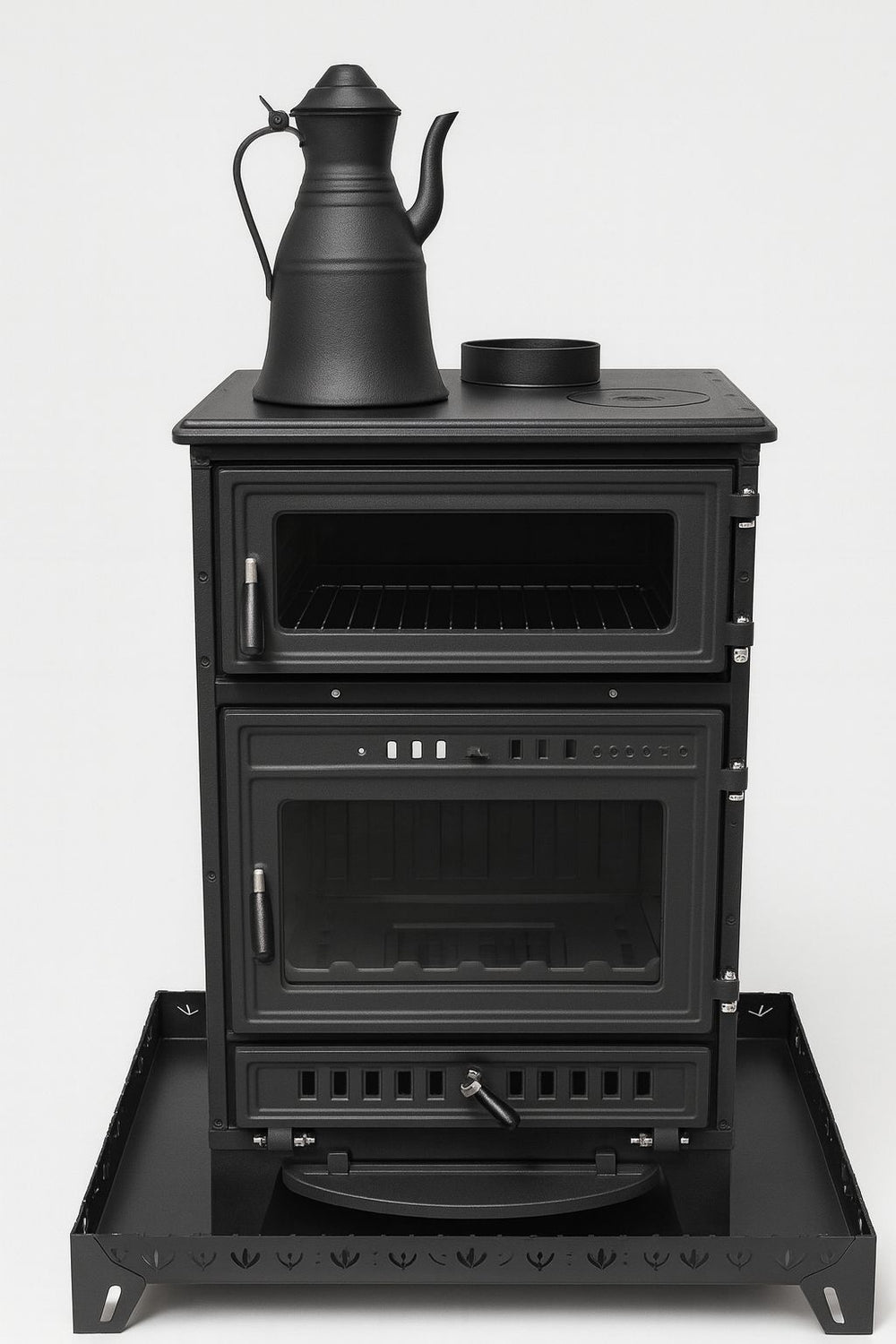 S107/3D Sabah Open Haard Met Oven – Drie-Raams Haard - Houtkachels – Gietijzer Haardkachel- Mat Zwart – 15,87 KW – Inclusief, Bakplaat, Ovengrill, Haak ,Schraper en Kachelpijpen