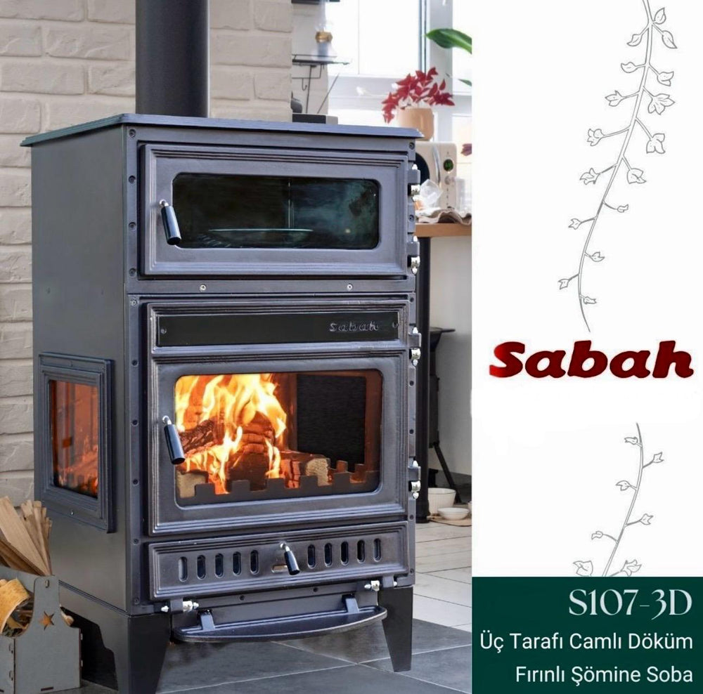 S107/3D Sabah Open Haard Met Oven – Drie-Raams Haard - Houtkachels – Gietijzer Haardkachel- Mat Zwart – 15,87 KW – Inclusief, Bakplaat, Ovengrill, Haak ,Schraper en Kachelpijpen