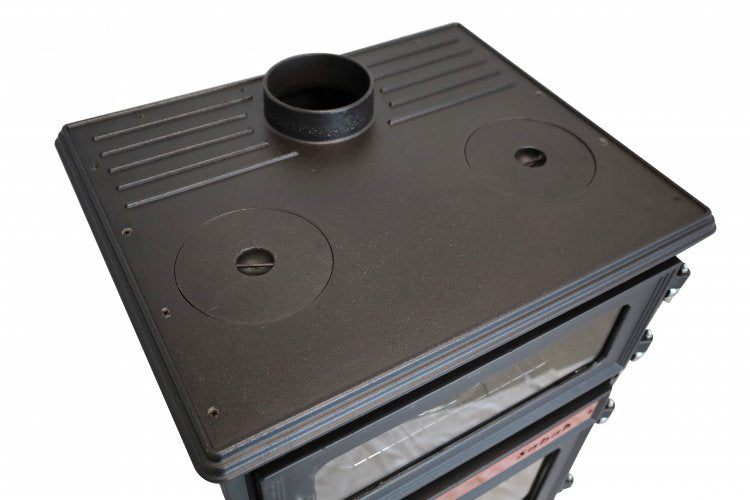 S107/3D Sabah Open Haard Met Oven – Drie-Raams Haard - Houtkachels – Gietijzer Haardkachel- Mat Zwart – 15,87 KW – Inclusief, Bakplaat, Ovengrill, Haak ,Schraper en Kachelpijpen