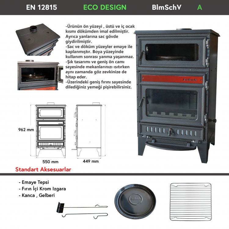 S107/3D Sabah Open Haard Met Oven – Zwart/rood - Drie-Raams Haard – Houtkachels – Gietijzer Haardkachel – 15,87 KW – Inclusief, Bakplaat, Ovengrill, Haak ,Schraper en Kachelpijpen