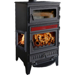 S107/3D Sabah Open Haard Met Oven – Zwart/rood - Drie-Raams Haard – Houtkachels – Gietijzer Haardkachel – 15,87 KW – Inclusief, Bakplaat, Ovengrill, Haak ,Schraper en Kachelpijpen