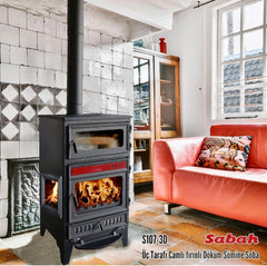 S107/3D Sabah Open Haard Met Oven – Zwart/rood - Drie-Raams Haard – Houtkachels – Gietijzer Haardkachel – 15,87 KW – Inclusief, Bakplaat, Ovengrill, Haak ,Schraper en Kachelpijpen