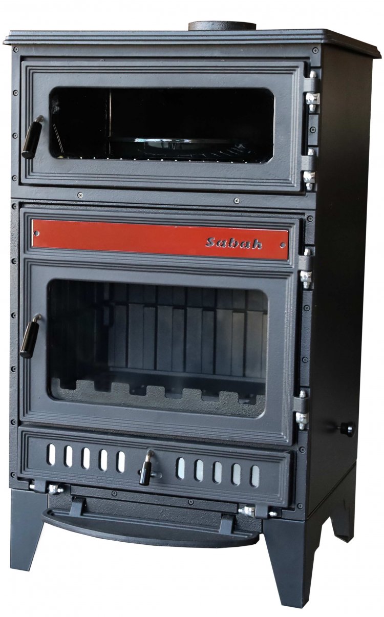 S107/3D Sabah Open Haard Met Oven – Zwart/rood - Drie-Raams Haard – Houtkachels – Gietijzer Haardkachel – 15,87 KW – Inclusief, Bakplaat, Ovengrill, Haak ,Schraper en Kachelpijpen