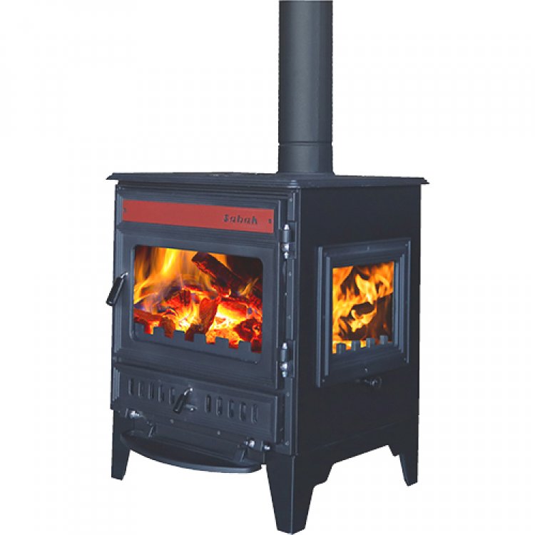 S106-3D Sabah - Gietijzeren Haardkachel -Met Glas Aan Drie Zijden - Houtkachel - Houthaarden - Openhaard - Inclusief kachelpijpen - Rode Details + Matzwart - 15,21KW -