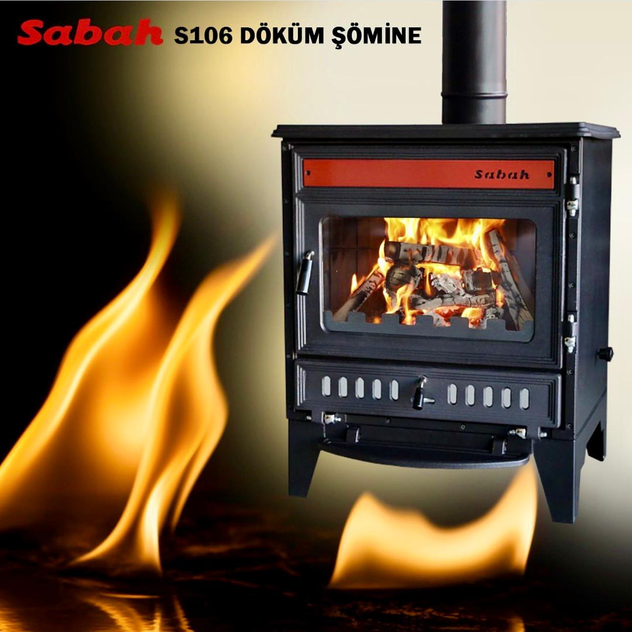 S106-3D Sabah - Gietijzeren Haardkachel -Met Glas Aan Drie Zijden - Houtkachel - Houthaarden - Openhaard - Inclusief kachelpijpen - Rode Details + Matzwart - 15,21KW -