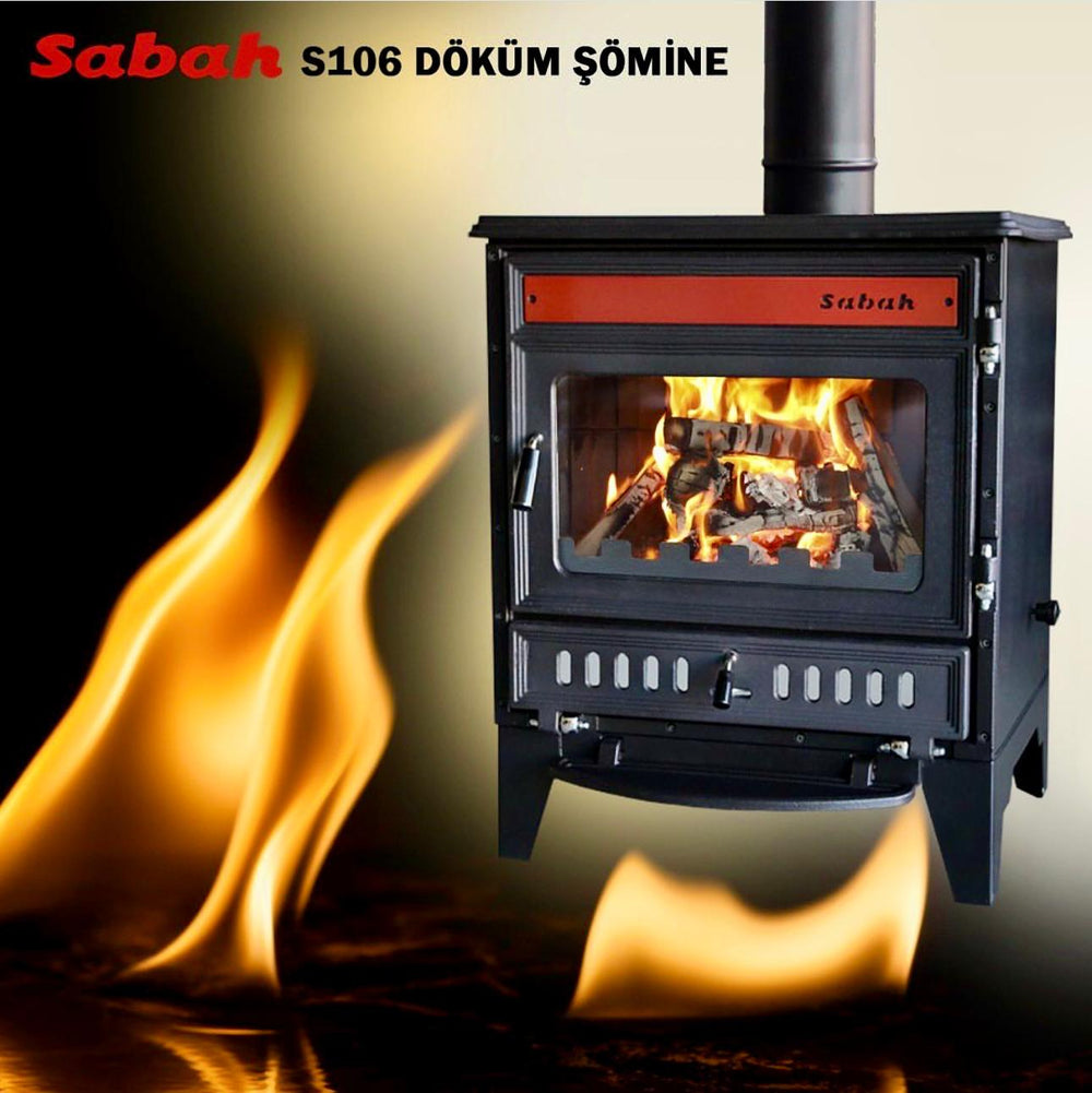 S106-3D Sabah - Gietijzeren Haardkachel -Met Glas Aan Drie Zijden - Houtkachel - Houthaarden - Openhaard - Inclusief kachelpijpen - Rode Details + Matzwart - 15,21KW -