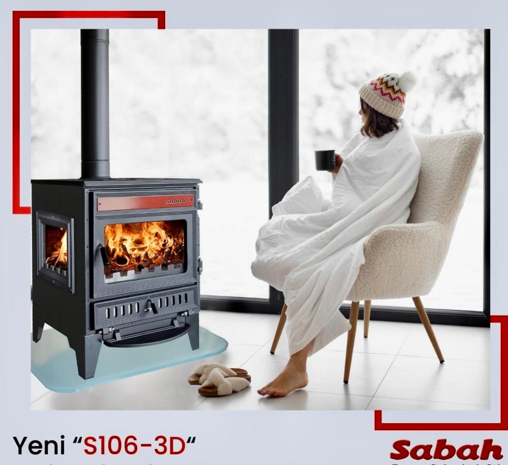 S106-3D Sabah - Gietijzeren Haardkachel -Met Glas Aan Drie Zijden - Houtkachel - Houthaarden - Openhaard - Inclusief kachelpijpen - Rode Details + Matzwart - 15,21KW -