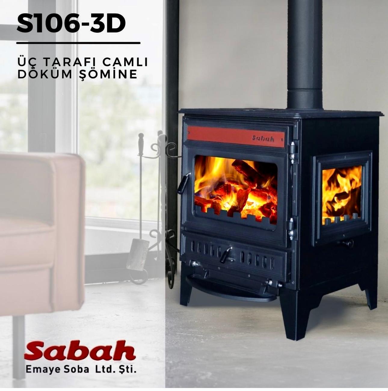 S106-3D Sabah - Gietijzeren Haardkachel -Met Glas Aan Drie Zijden - Houtkachel - Houthaarden - Openhaard - Inclusief kachelpijpen - Rode Details + Matzwart - 15,21KW -