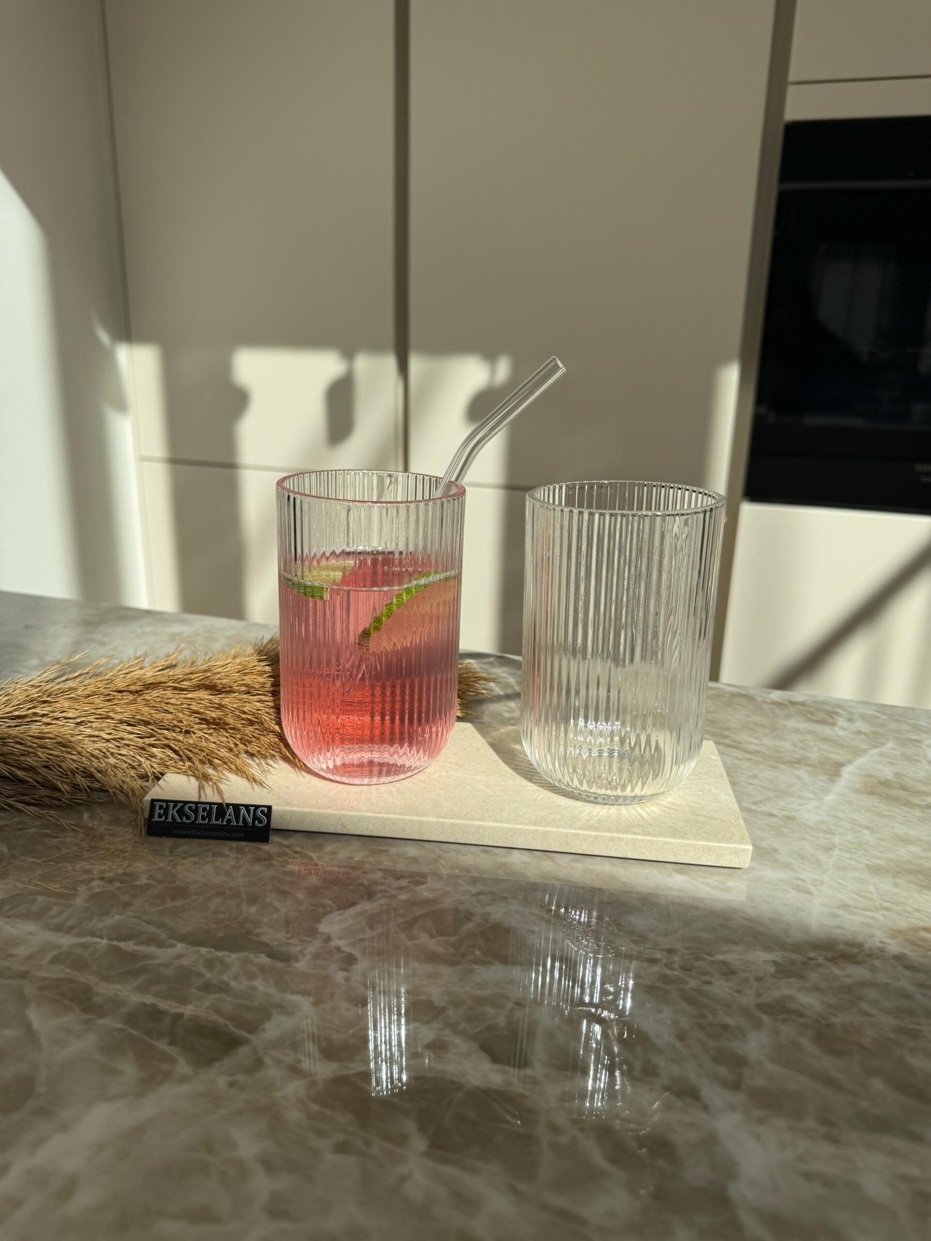 Ekselans - Geribbelde Longdrinkglazen - 400 ml - Set van 6 - Glas