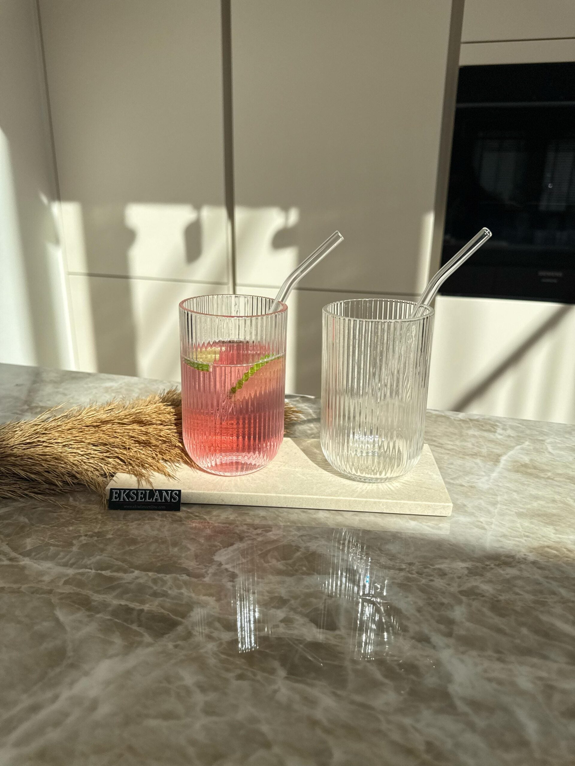 Ekselans - Geribbelde Longdrinkglazen - 400 ml - Set van 6 - Glas