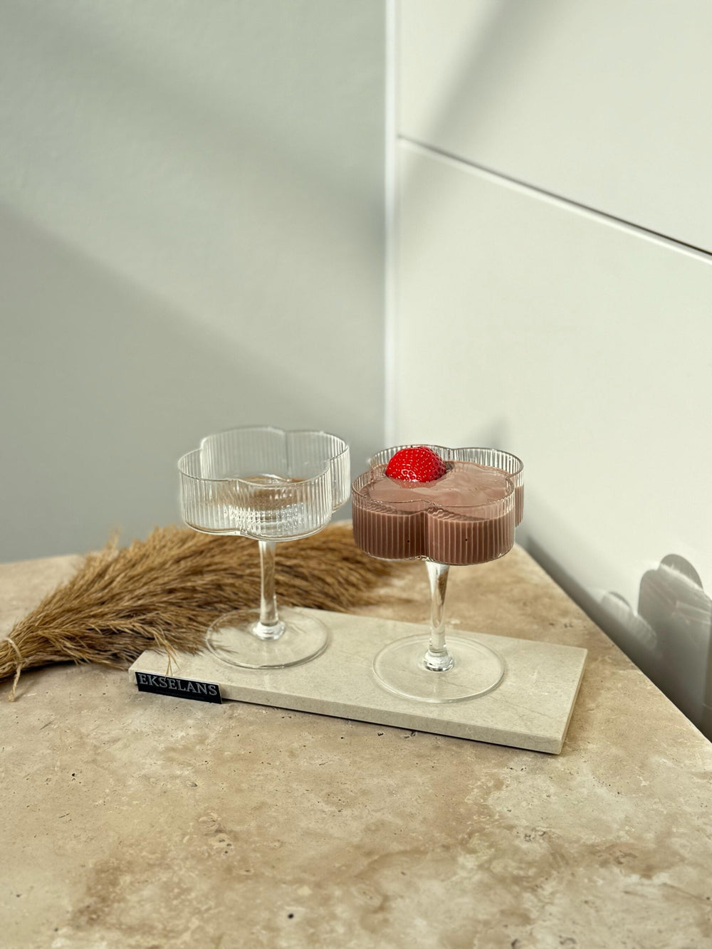 Ekselans – Geribbelde Glazen Op Voet – Set van 6 - Glas - 160 ml