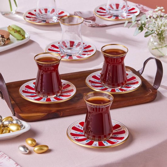 Karaca Bursa - Theeglazen met Onderzetters - 12-delig - Rood/Wit