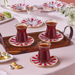 Karaca Bursa - Theeglazen met Onderzetters - 12-delig - Rood/Wit