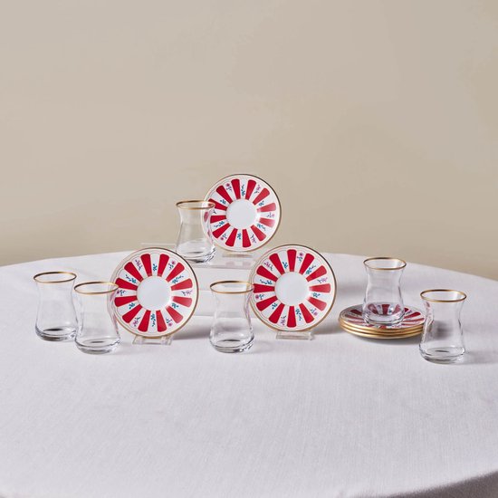 Karaca Bursa - Theeglazen met Onderzetters - 12-delig - Rood/Wit