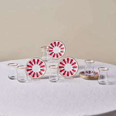 Karaca Bursa - Theeglazen met Onderzetters - 12-delig - Rood/Wit