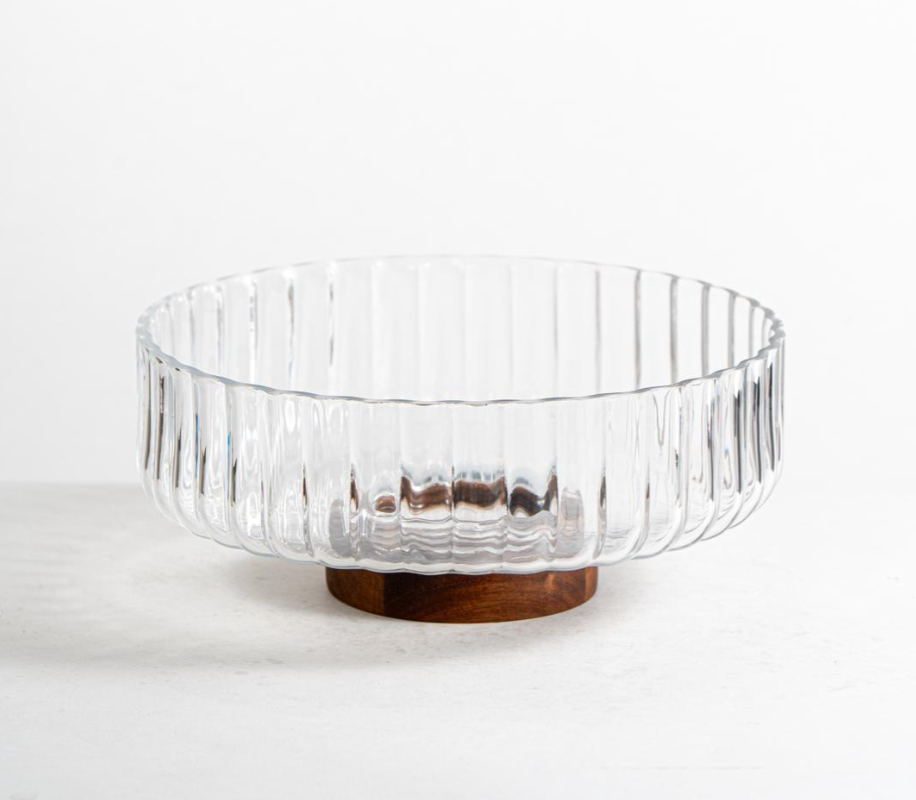 Acacia - Ronde Glazen Schaal met Acaciahouten Poot – Ø26 cm – H11 cm – Stijlvolle Fruitschaal of Decoratieve Kom