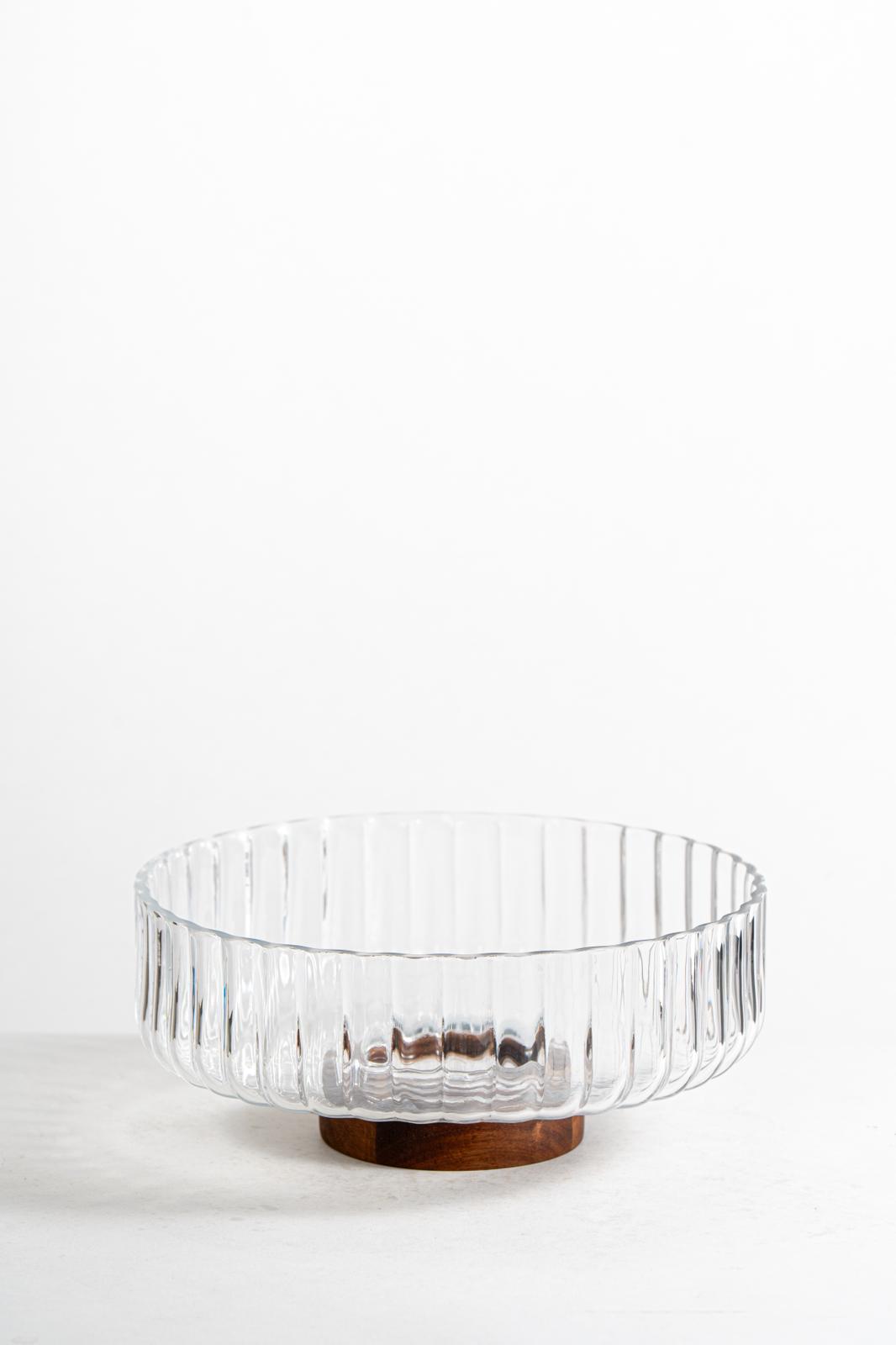 Acacia - Ronde Glazen Schaal met Acaciahouten Poot – Ø26 cm – H11 cm – Stijlvolle Fruitschaal of Decoratieve Kom