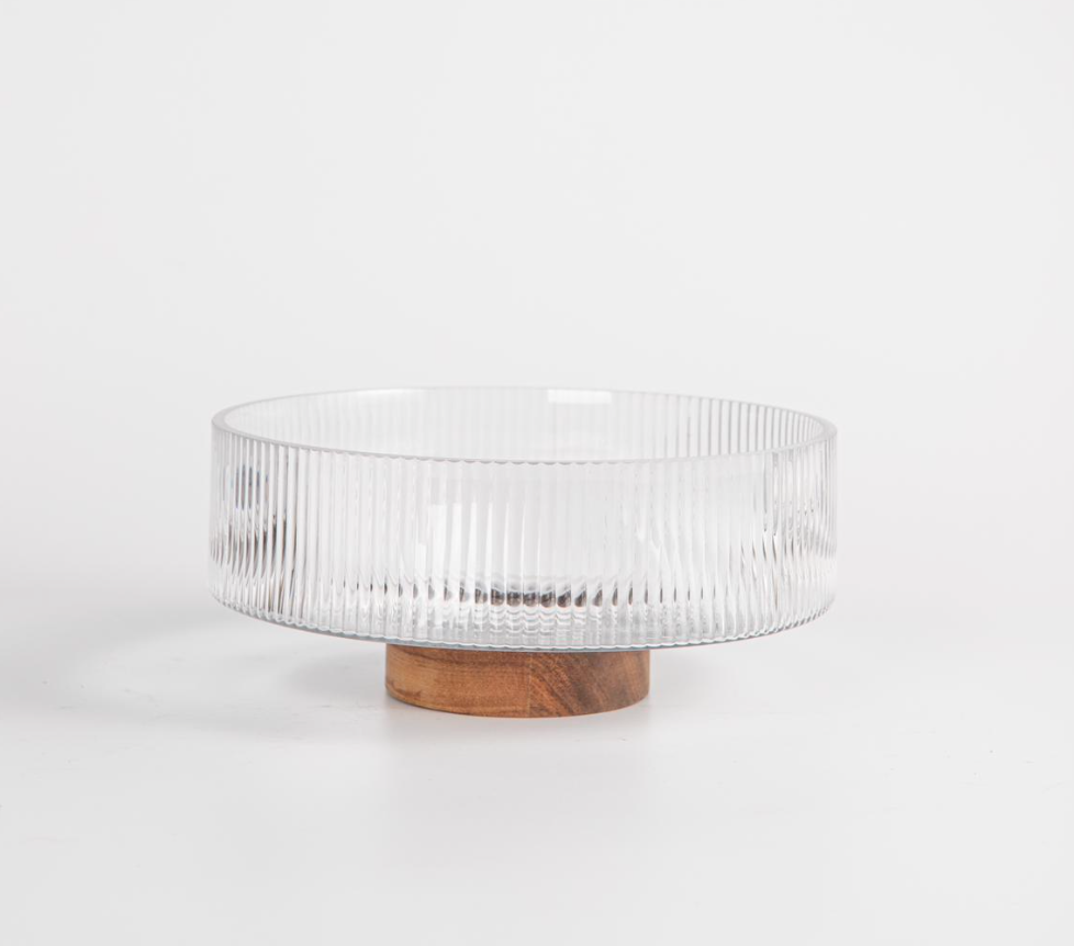 Acacia - Ronde Glazen Schaal met Acaciahouten Poot – Geribbeld - Ø26 cm – Hoogte 11 cm – Geschikt als Fruitschaal, Saladekom of Decoratieve Schaal