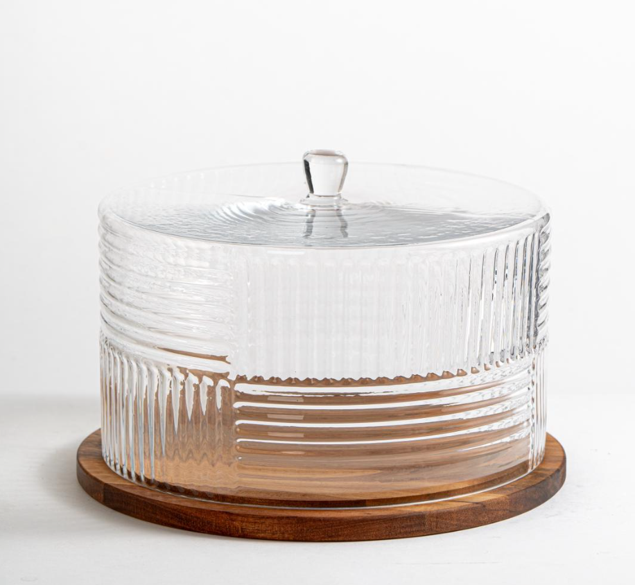 Acacia - Luxe Glazen Taartstolp met Acaciahouten Onderbord – Rond - Ø30,5 cm – Transparante Geblokte Deksel – Hoogte: 20,5 cm – Stijlvolle Taartdoos voor Serveren en Bewaren