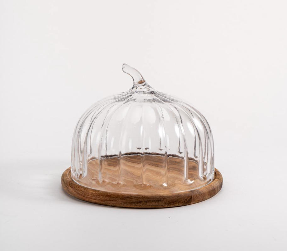 Acacia - Glass Dome - Decoratieve Glazen Taartstolp met Houten Plateau – Ø24 cm – Acaciahout & Glas – Luxe Gebaksstolp met Deksel – Voor Taart, Kaas, High Tea, Cupcakes & Tafeldecoratie – Handgemaakt – Hoogte: 21 cm