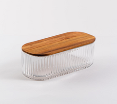 Acacia - Ovale Glazen Opbergdoos met Deksel van Acaciahout – Geribbeld Glas – 21,5 x 10,7 cm – Luchtdicht & Stijlvol – Voor Snoep, Snacks, Kruiden of Decoratie