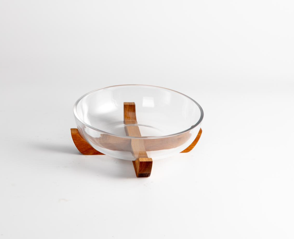 Acacia - Ronde Glazen Fruitschaal met Acaciahouten Houder – Ø21 cm x H7,5 cm – Decoratieve Snackkom / Serveerschaal