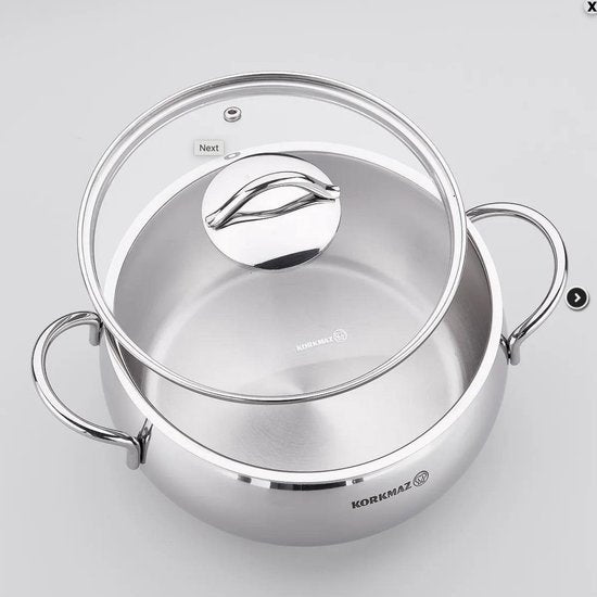 Korkmaz A1072 Tombik - Kookpan – 18x10 cm – 2,5 Liter – RVS – Inductie Geschikt – Solar Base – Met Glazen Deksel