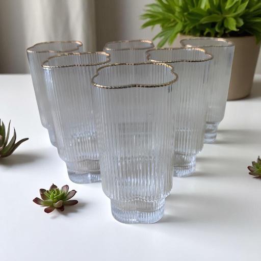 Ekselans - Geribbelde Klavervormige Drinkglazen – Set van 6 – 300 ml – Gouden Rand