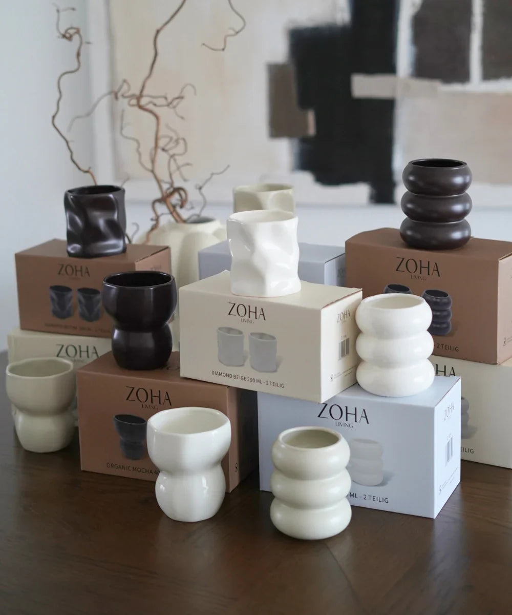 Wave Bubble Z-119 - Keramiek Mok – 400 ml - Set van 2 - Mat Beige - Handgemaakt - Koffie bekers