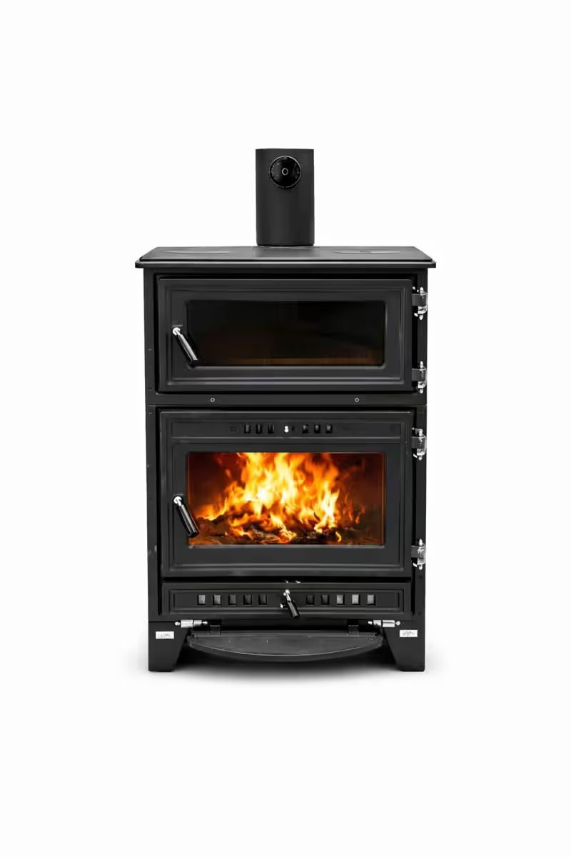 S107 Sabah Open Haard Met Oven - Houtkachels - Gietijzer Haardkachel- Mat Zwart - 15,87 KW - Bakplaat, Ovengrill, Haak en Schraper -Zwart