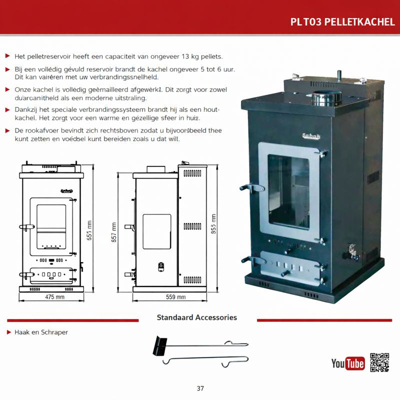 Sabah PLT03 Pelletkachel – Staal – 13 kg Pelletreservoir – 8 kW
