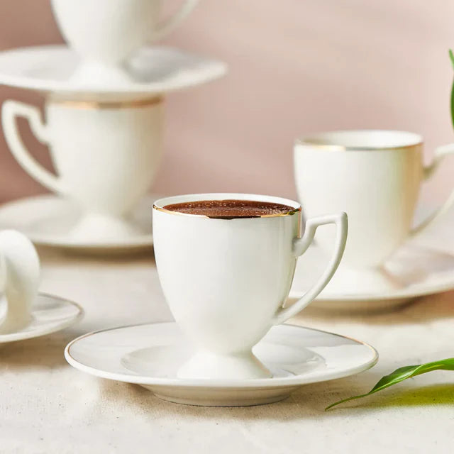 Karaca Boyoz - Porseleienen Koffiekopset – 12-delig – 6 Personen – 85 ml – Wit Goud