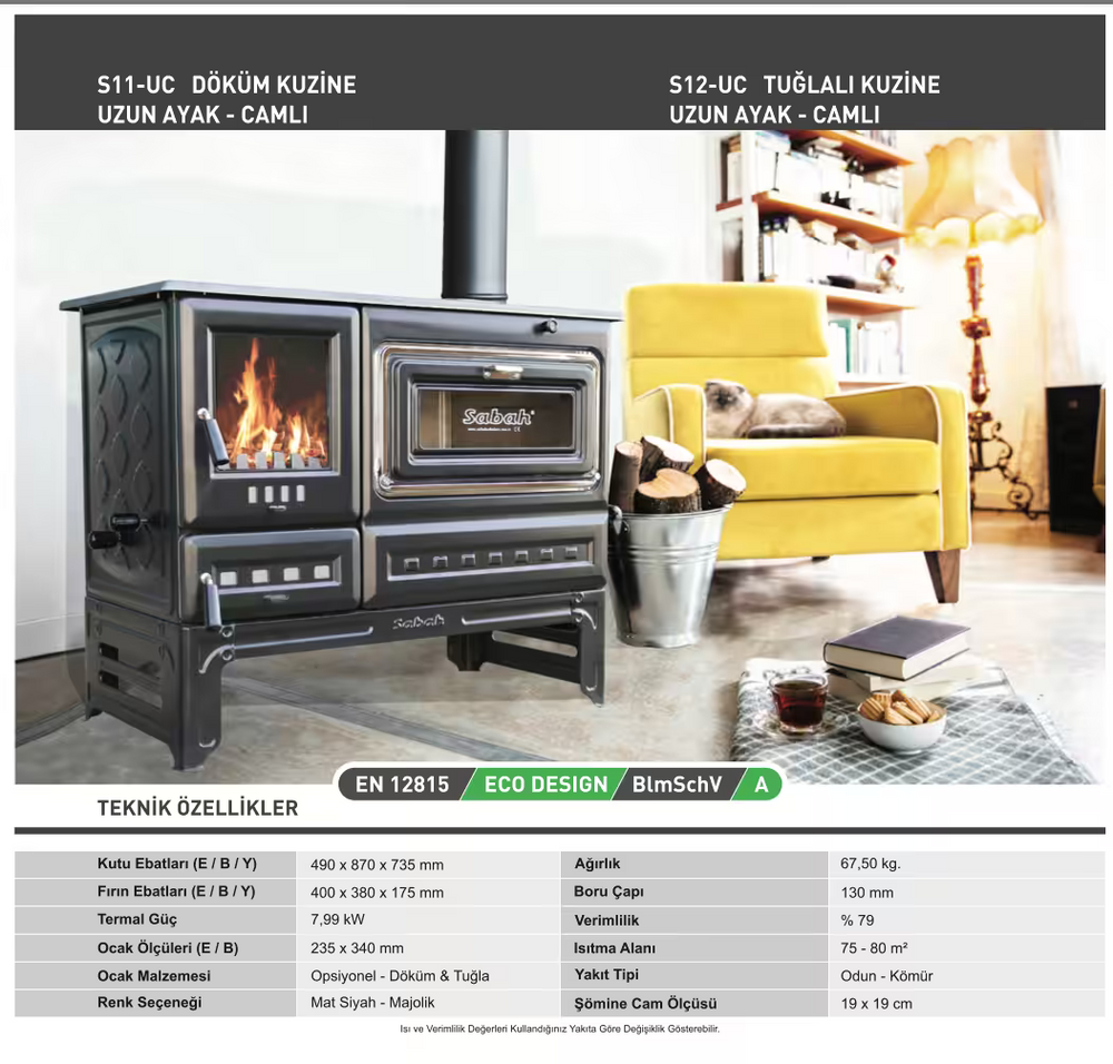 S11UC Sabah Open Haard Met Oven –Kuzine - Houtkachels Op Voet – Gietijzer Haardkachel- Mat Zwart – 7,99 KW – Inclusief Haak en Schraper