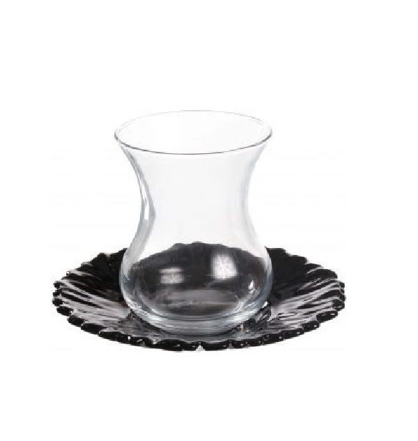 Paşabahçe Aurora - Turkse Theeglazen Met Zwarte Schoteltjes - Set van 6 - 155 ml