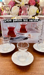Paşabahçe Dantel - Set Turkse Theeglazen Met Porseleinen Onderzetters - 12-Delig - 145 ml