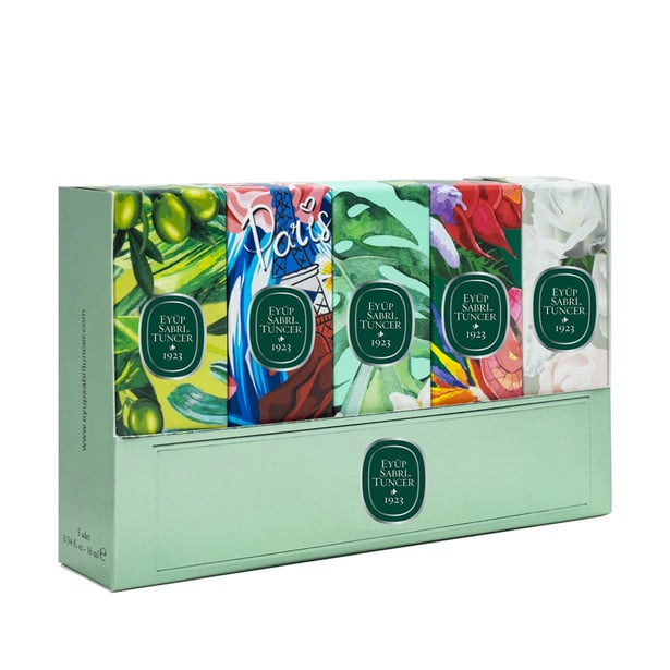 Eyüp Sabri Tuncer – Ayvalık Olijfbloem, Parijse Nacht, Jasmijn, Regenwoud, Gardenia – Mini Eau de Cologne Set (Kolonya / Desinfectie / Aftershave) – 5 x 16 ml (glas)