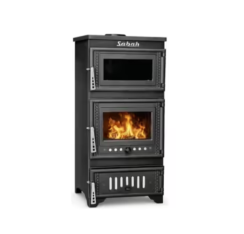 S103 Sabah Openhaard Met Oven - Houtkachel - Mat Zwart - 10,56KW- Haard- Gietijzeren Open Haard -Inclusief Bakplaat, Ovengrill, Haak en Schraper