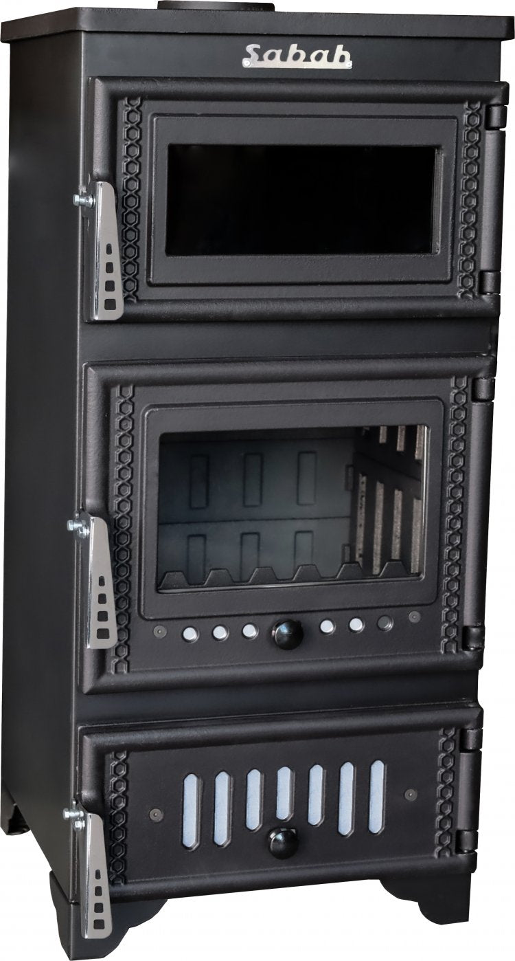 S103 Sabah Openhaard Met Oven - Houtkachel - Mat Zwart - 10,56KW- Haard- Gietijzeren Open Haard -Inclusief Bakplaat, Ovengrill, Haak en Schraper
