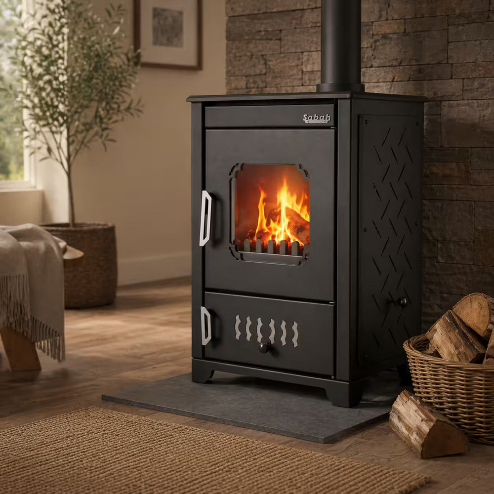 S101 Sabah Luxe Haardkachel- Gietijzer - Houtkachel- Houthaarden -Mat Zwart - 13,11 KW- Buiten Stalen Open Haard