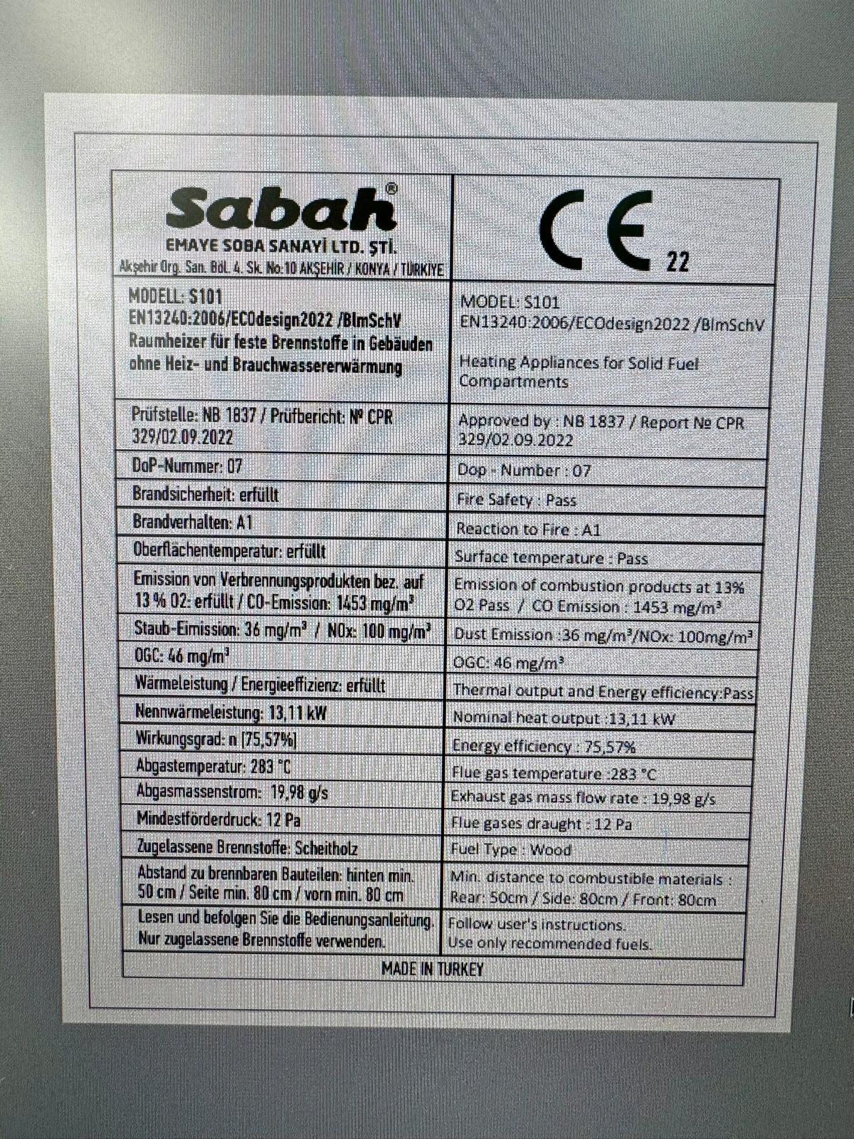 S101 Sabah Luxe Haardkachel- Gietijzer - Houtkachel- Houthaarden -Mat Zwart - 13,11 KW- Buiten Stalen Open Haard
