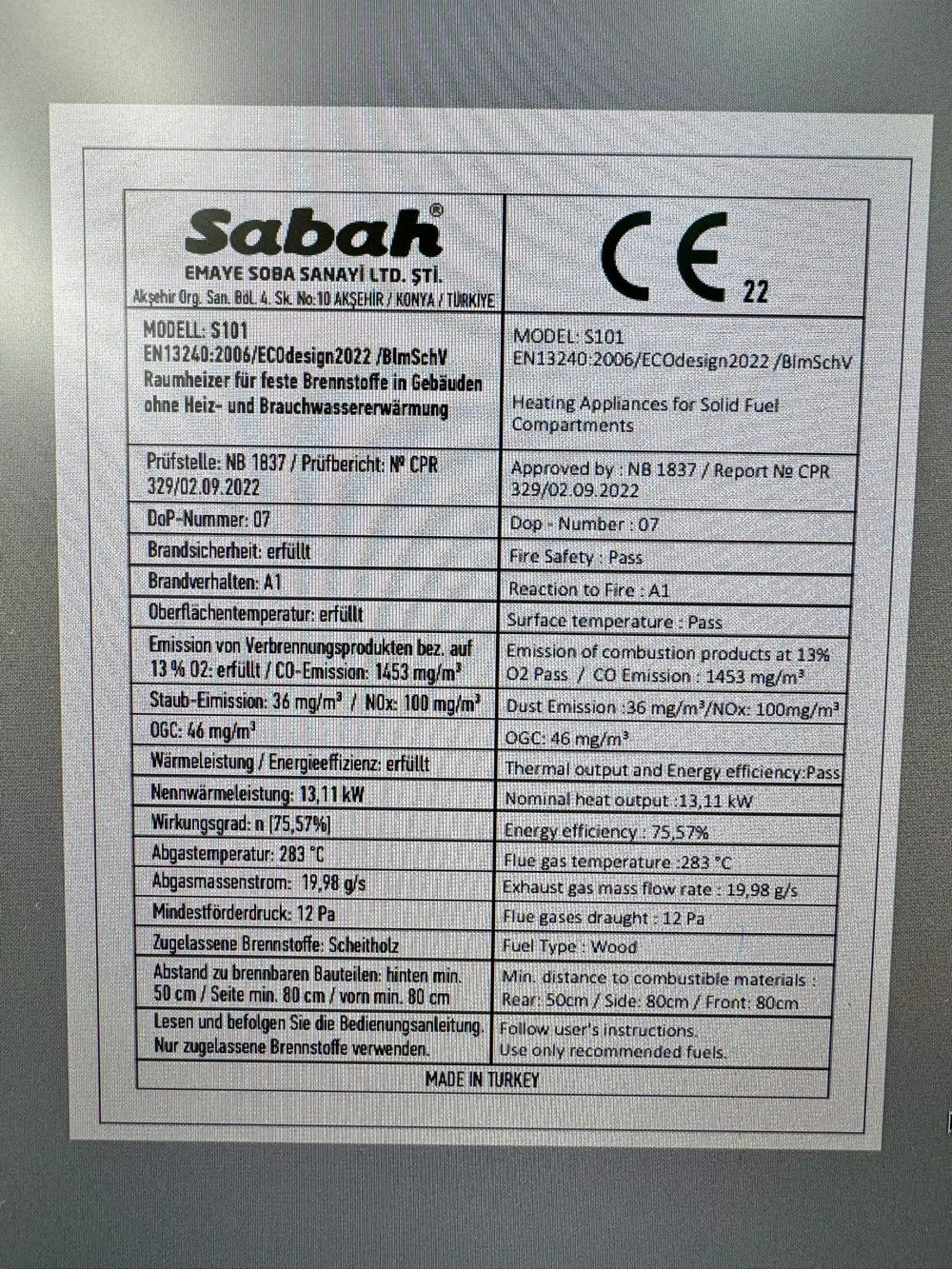 S101 Sabah Luxe Haardkachel- Gietijzer - Houtkachel- Houthaarden -Mat Zwart - 13,11 KW- Buiten Stalen Open Haard