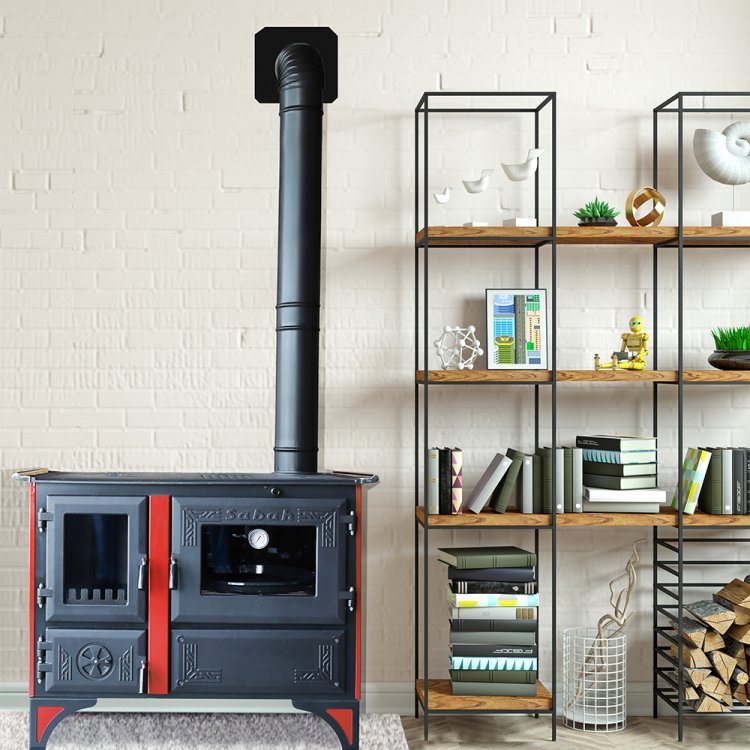 S105K Sabah Luxe Open Haard Kachel + Oven Met Thermometer - Gietijzer – Houtkachels- Houthaarden -Mat Zwart – 12,65 KW- Buiten Stalen Open Haard – Inclusief Kachelpijpen ,Bakplaat, Ovengrill, Haak en Schraper
